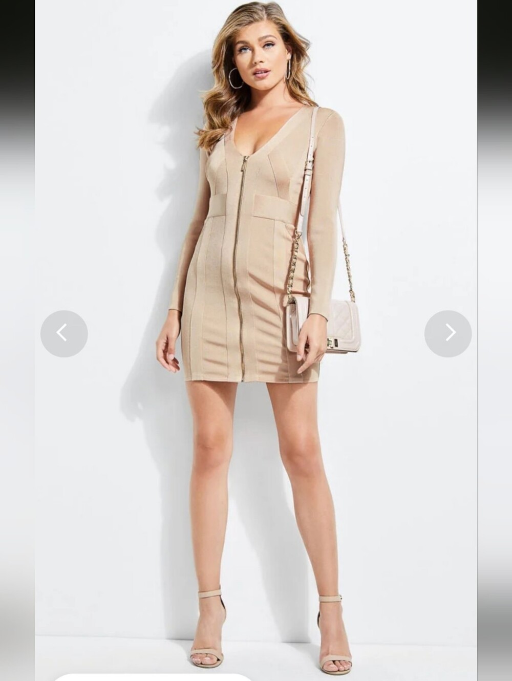 GUESS Peach Long-Sleeve Zip Front Bodycon Dress